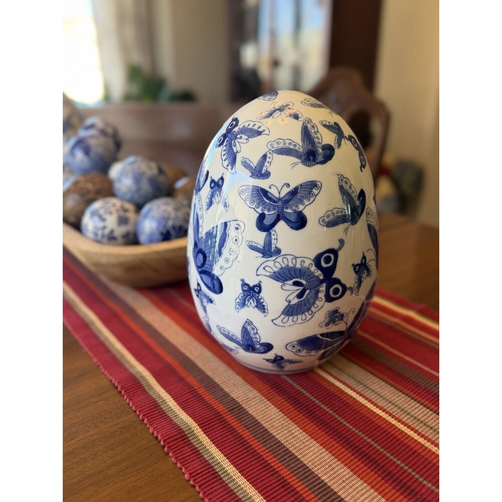 Large Chinoiserie Butterfly Egg Chinese Blue White Asian 10” Vintage Easter